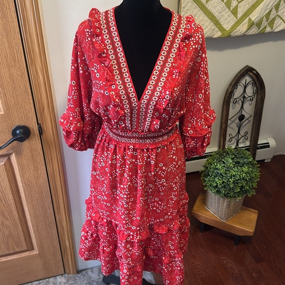 Max Studio Red Sundress with Ruffled Tiered Skirt and 3/4 Bishop Sleeves size S - Picture 2 of 12